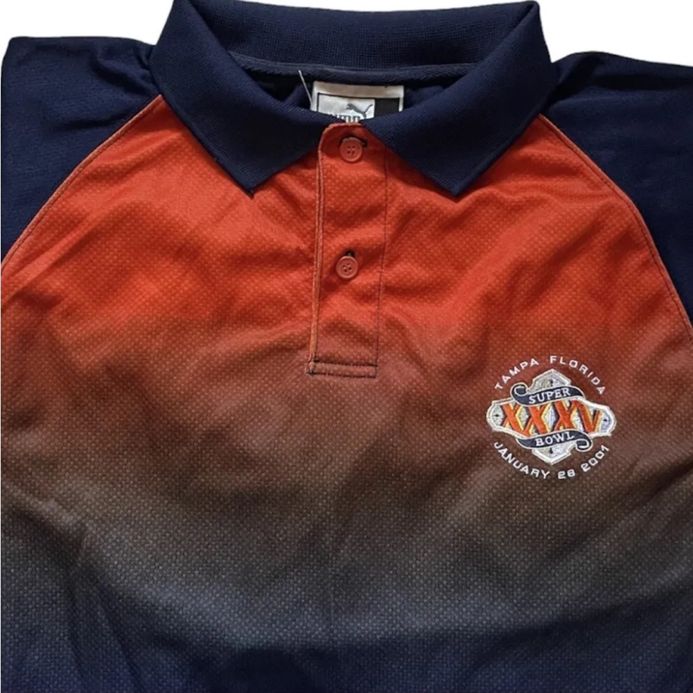 SUPER BOWL XXXV Puma Mens Large Polo Shirt Tampa Florida Blue Long Sleeve 2001